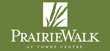 A green and white logo for prairie walk at town centre