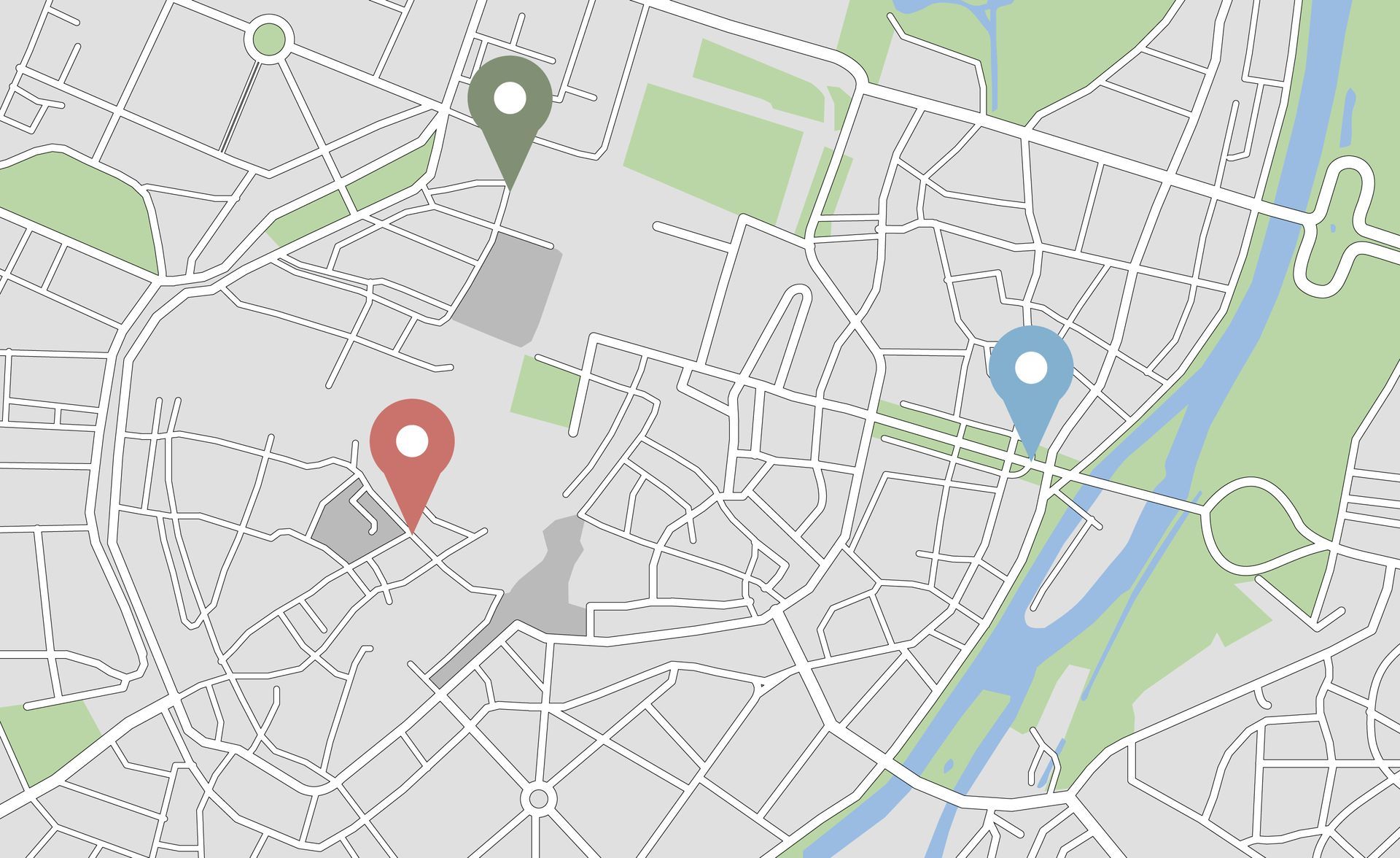 Map of a city with three colored location markers: red, green, and blue.