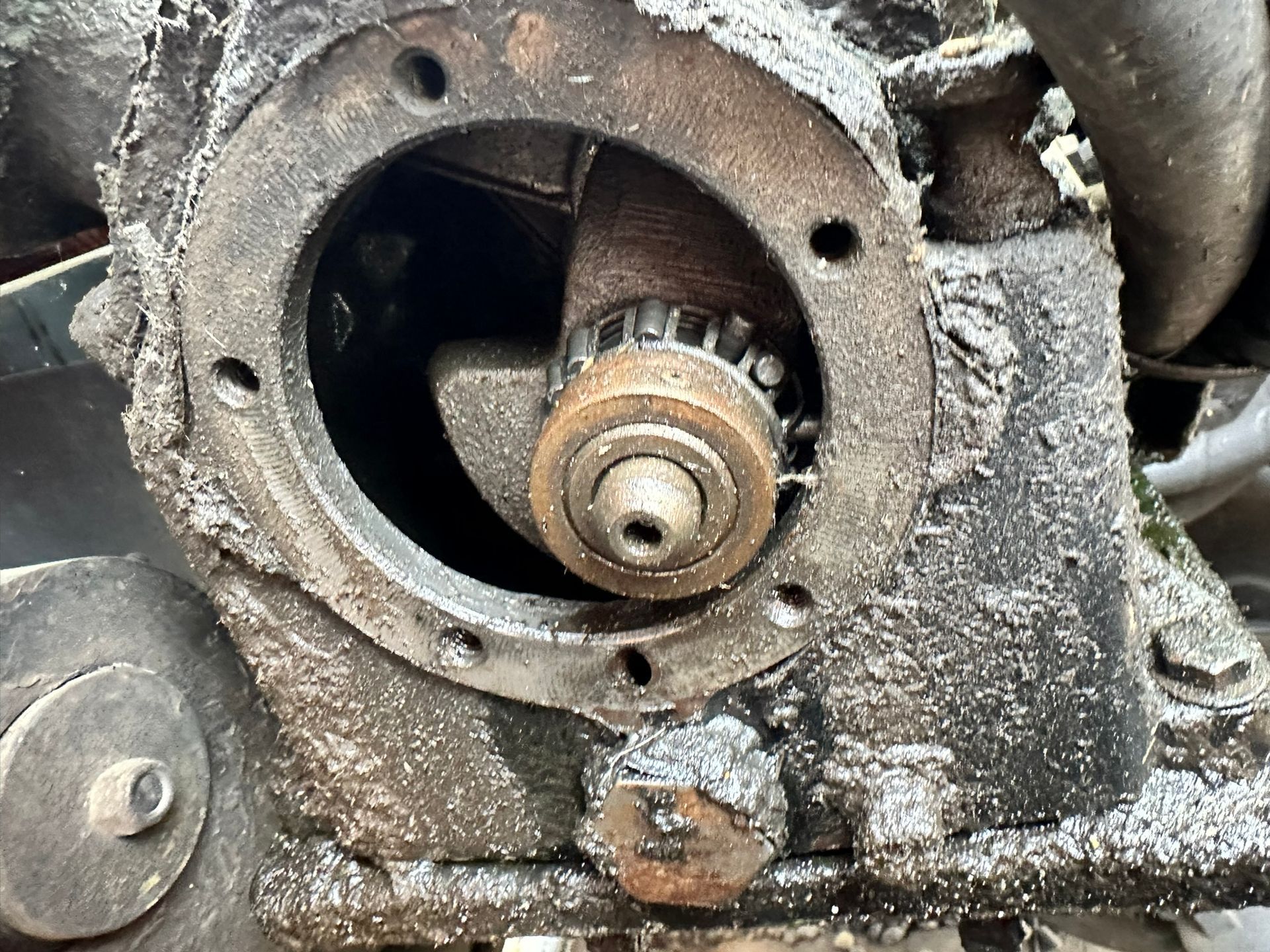 Open engine component covered in grease. A central gear and surrounding bolt holes are visible.