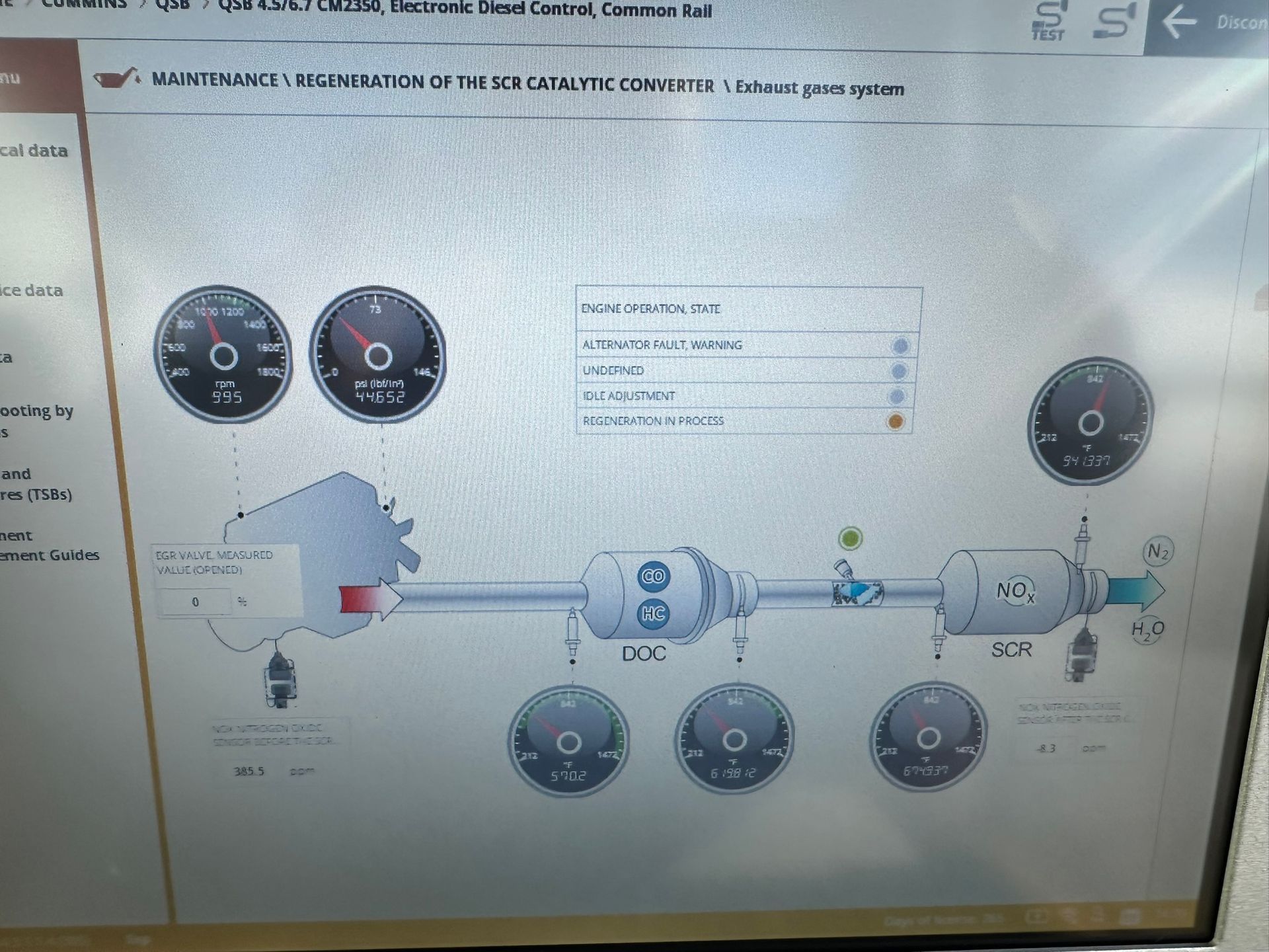 Diagram of a diesel exhaust system with gauges and components, possibly for diagnostic purposes.