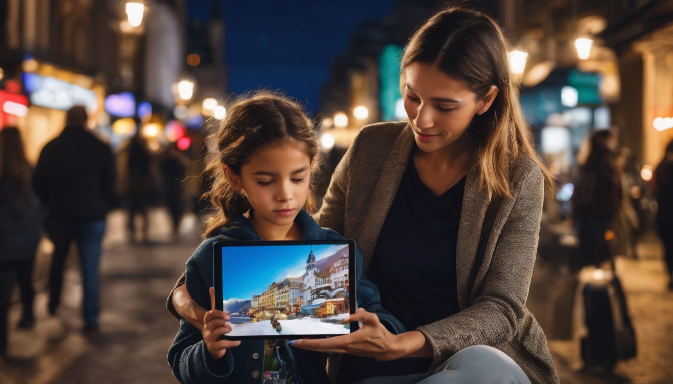 a woman and a little girl are looking at a tablet .