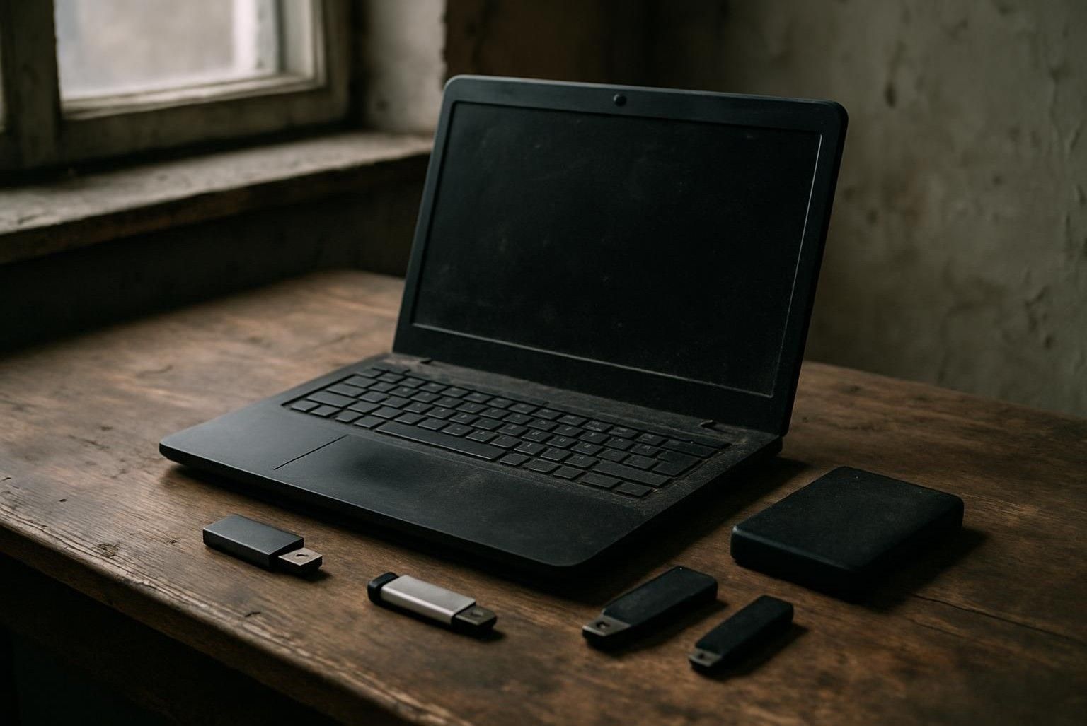 A laptop computer is sitting on a wooden table next to a window.