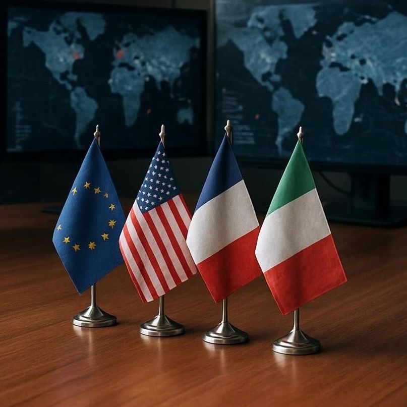 Four small flags are sitting on a wooden table in front of a map of the world