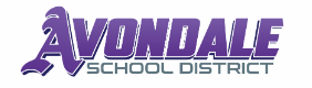 A purple and white logo for avondale school district