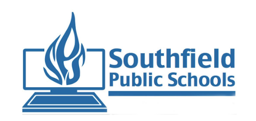 The logo for southfield public schools shows a computer with a flame on it.