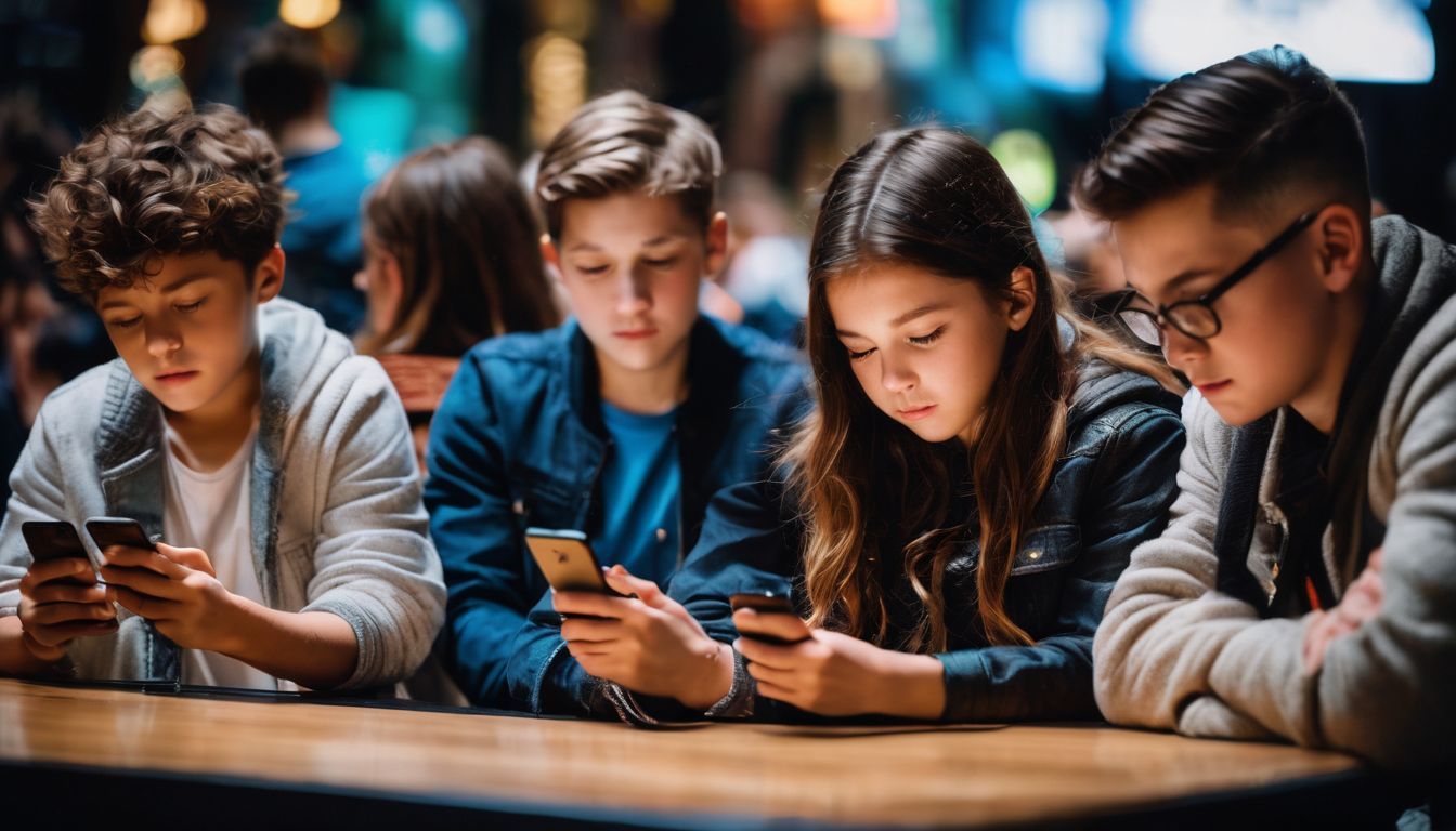 a group of young people are sitting at a table looking at their phones .