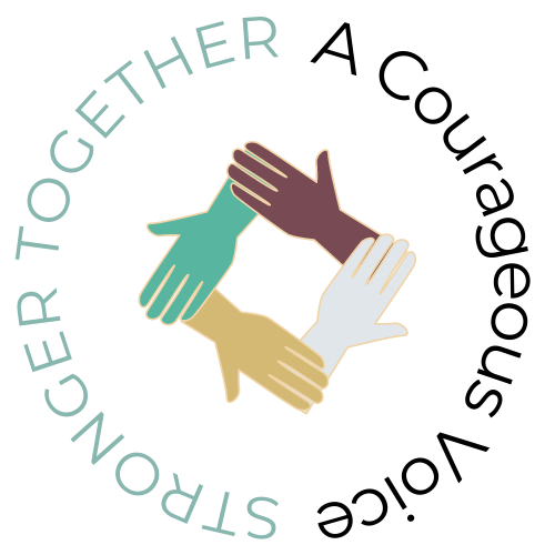 a logo that says stronger together a courageous voice