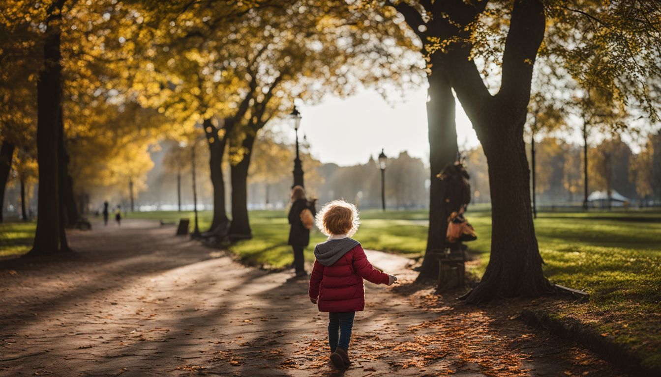 a little girl is walking down a path in a park .