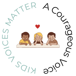 a logo for the kids voices matter program a courageous voice with three children sitting at a table.