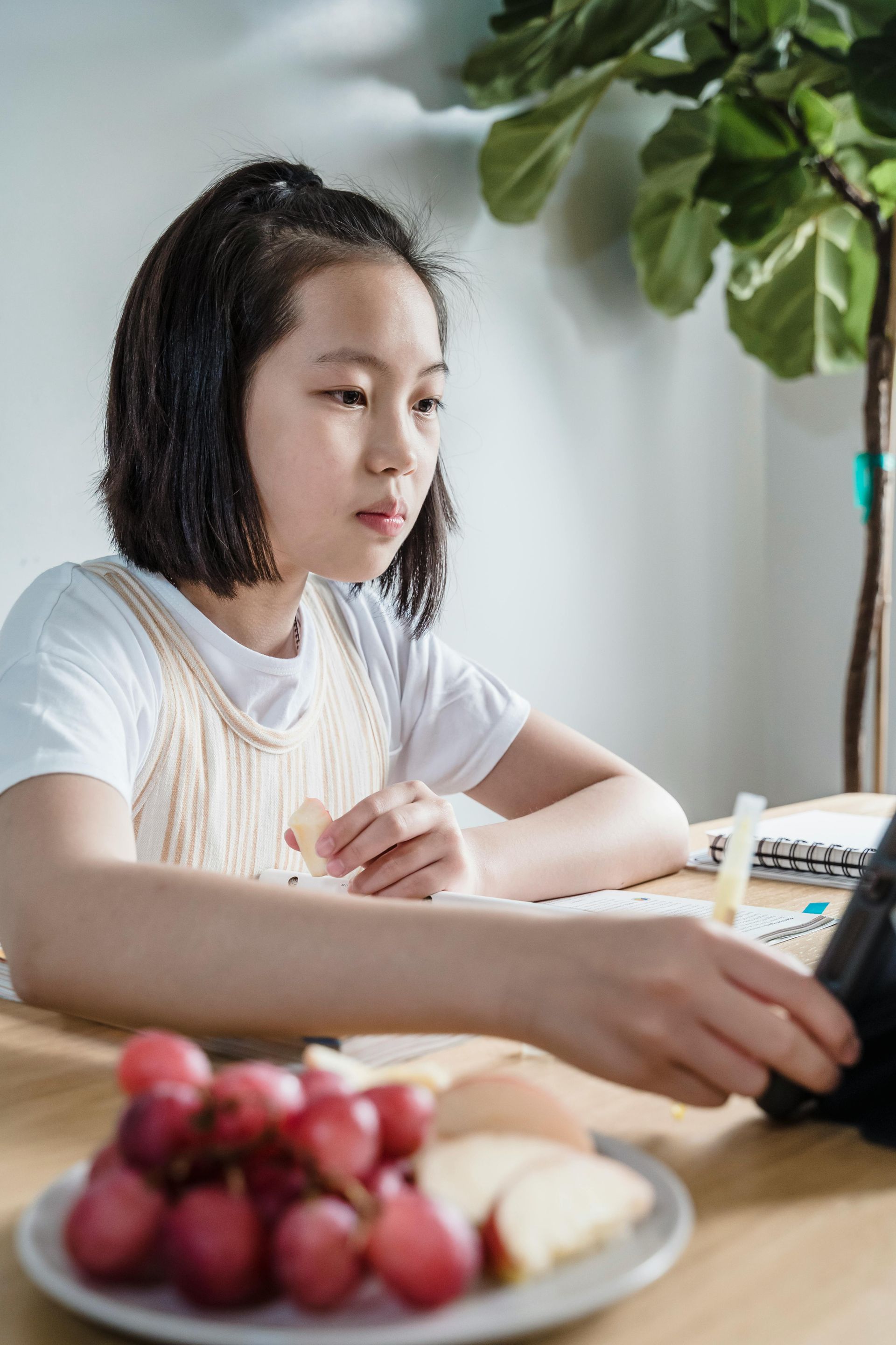Young girl at a table, looking at tablet. Plate of grapes and food in front.