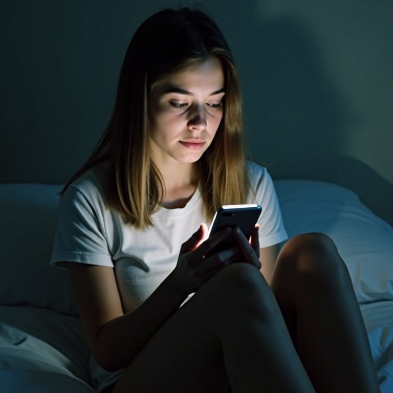 A teen is sitting on a bed looking at her phone