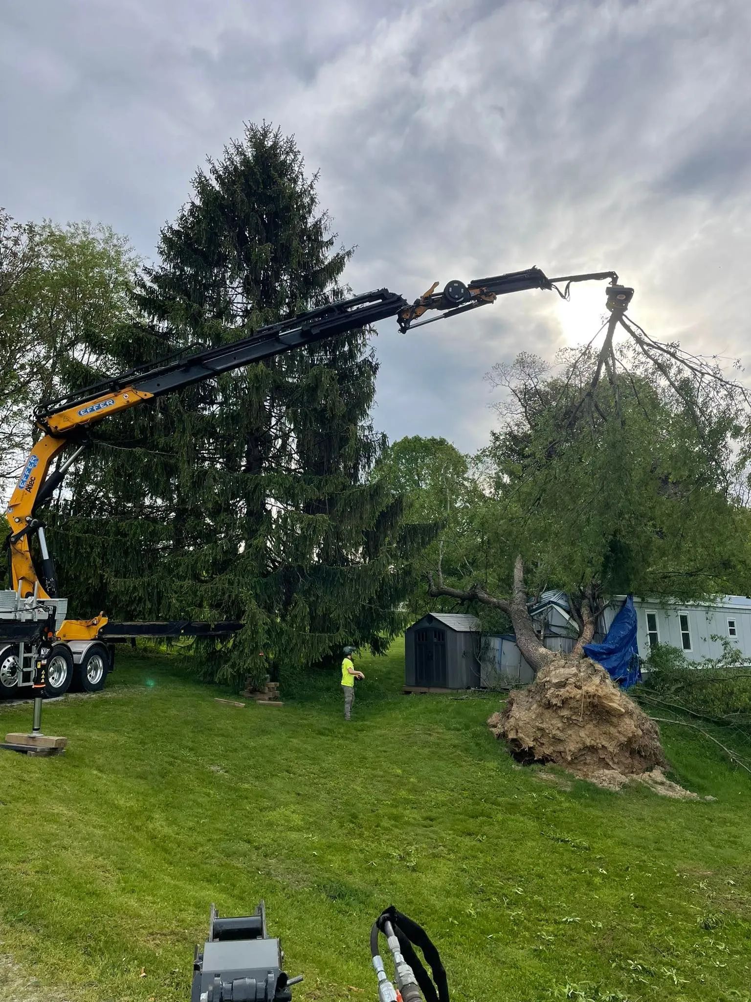 Crane arm lifting a tree trunk in a grassy yard beside a house on an overcast day