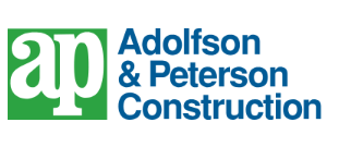 The logo for adolfson & peterson construction is green and blue