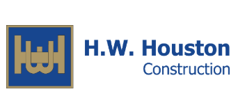 The logo for h.w. houston construction is blue and gold.