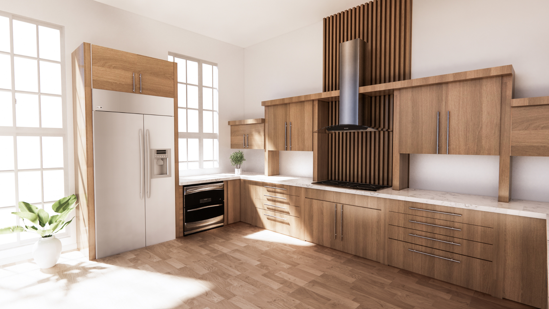 A kitchen with wooden cabinets , a refrigerator and a stove.