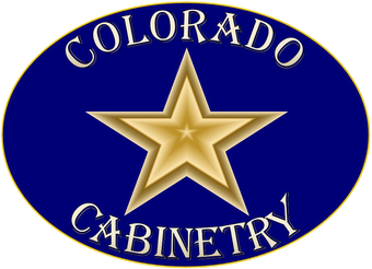 A logo for colorado cabinetry with a gold star on a blue background