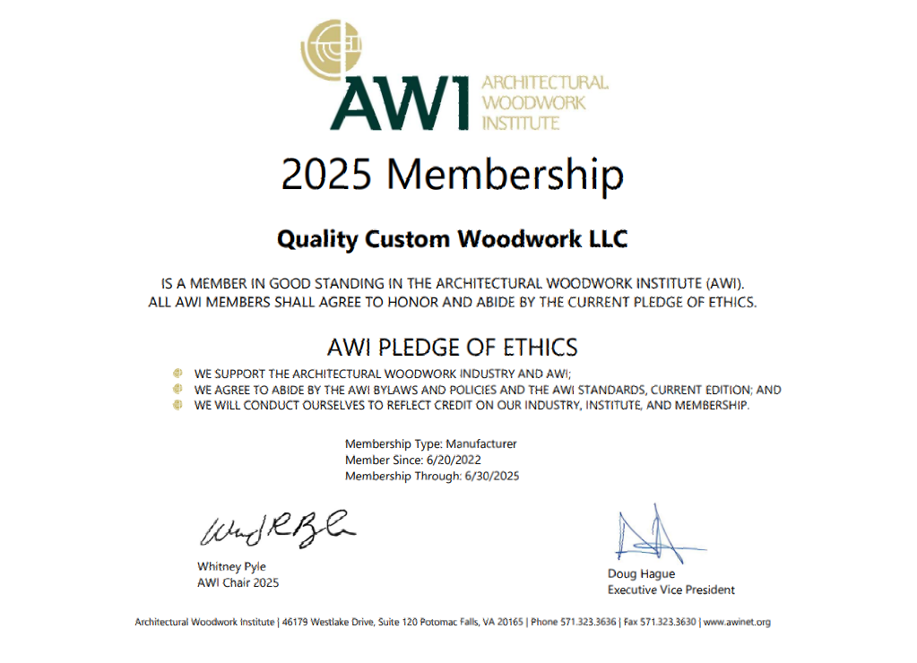 A certificate that says awi 2025 membership quality custom woodwork llc