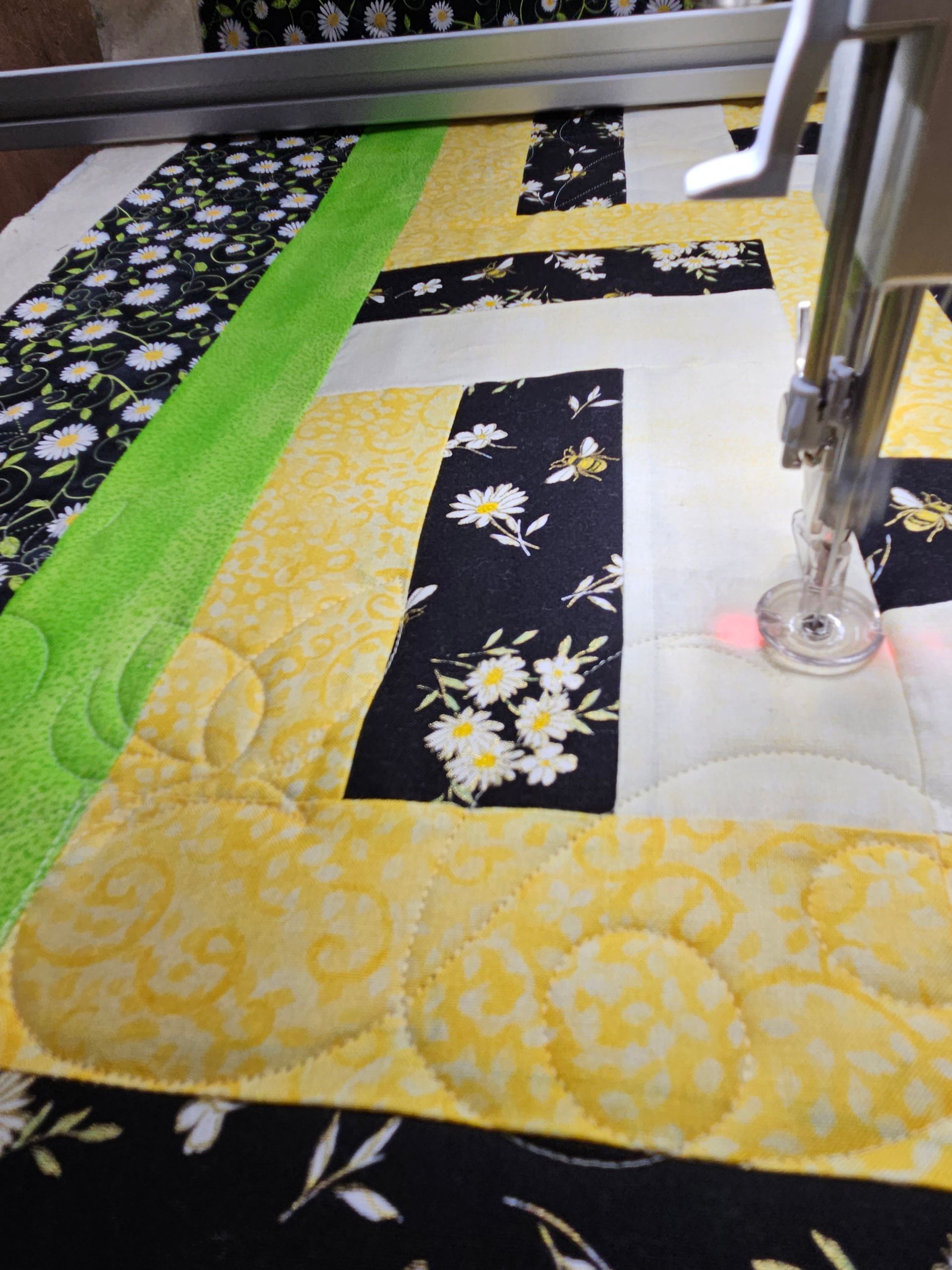 A close up of a sewing machine on a quilt