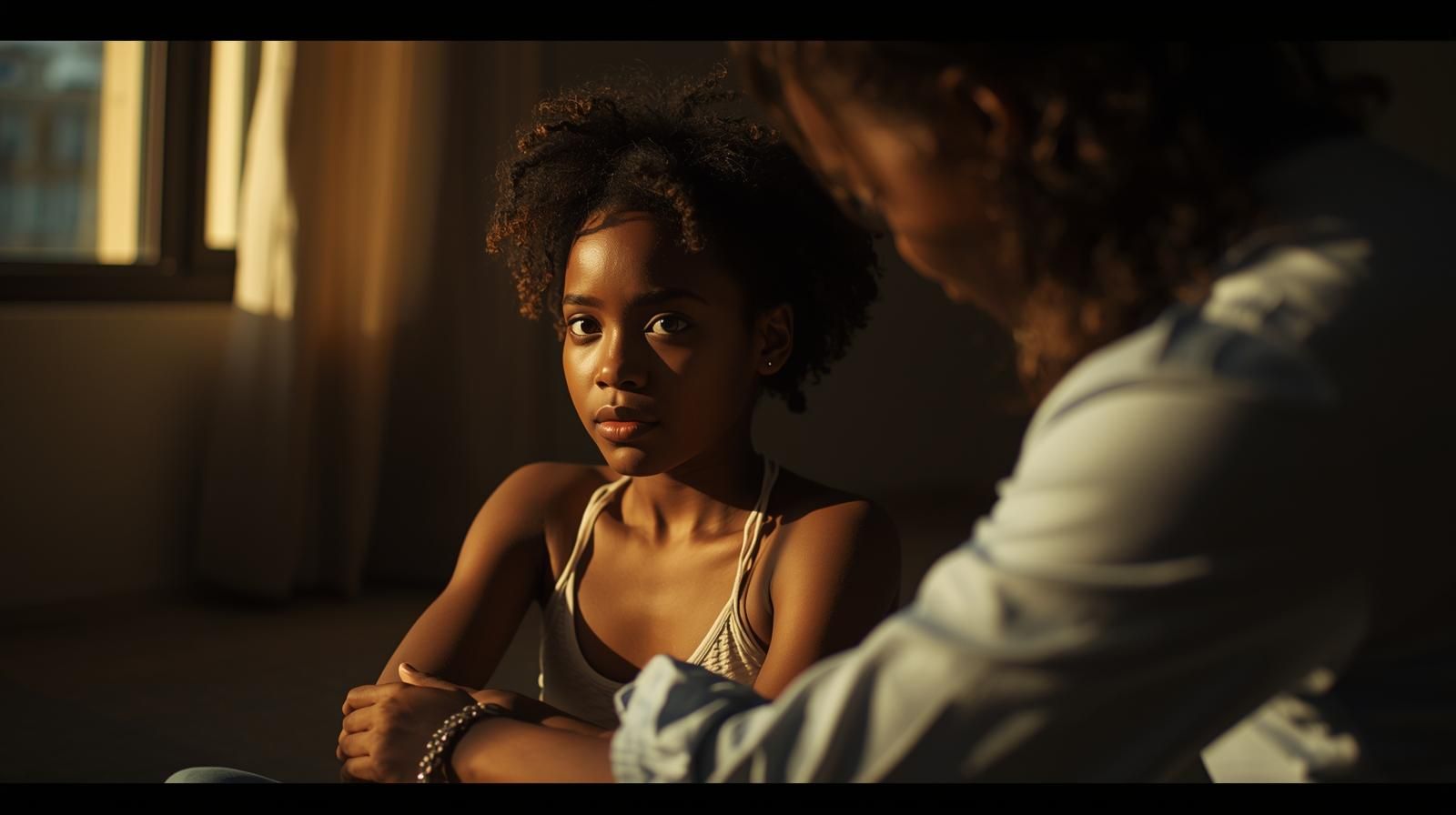 Girl looks at person, room lit by sunlight.