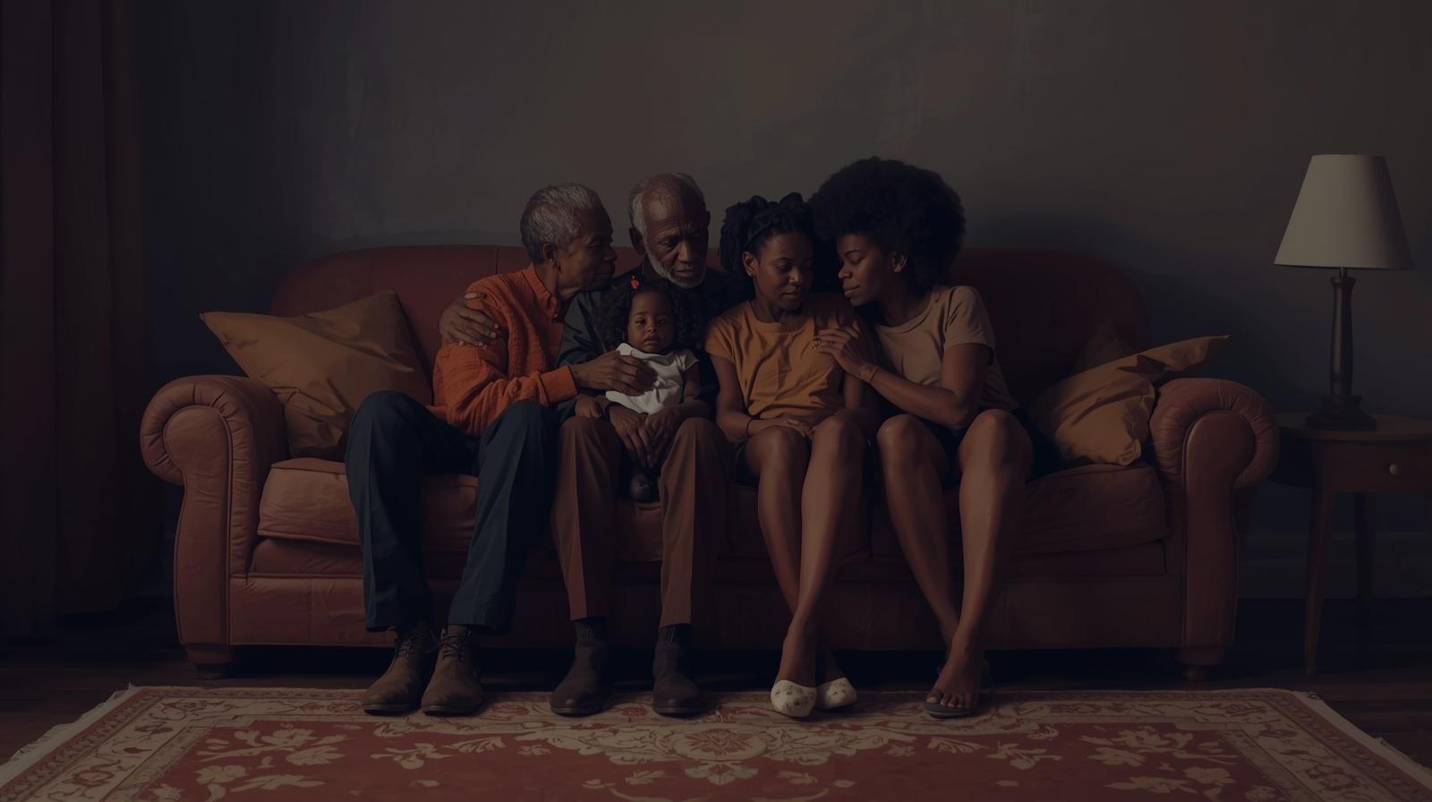 Family sitting on a brown couch. People are embracing, dark setting with soft lighting.