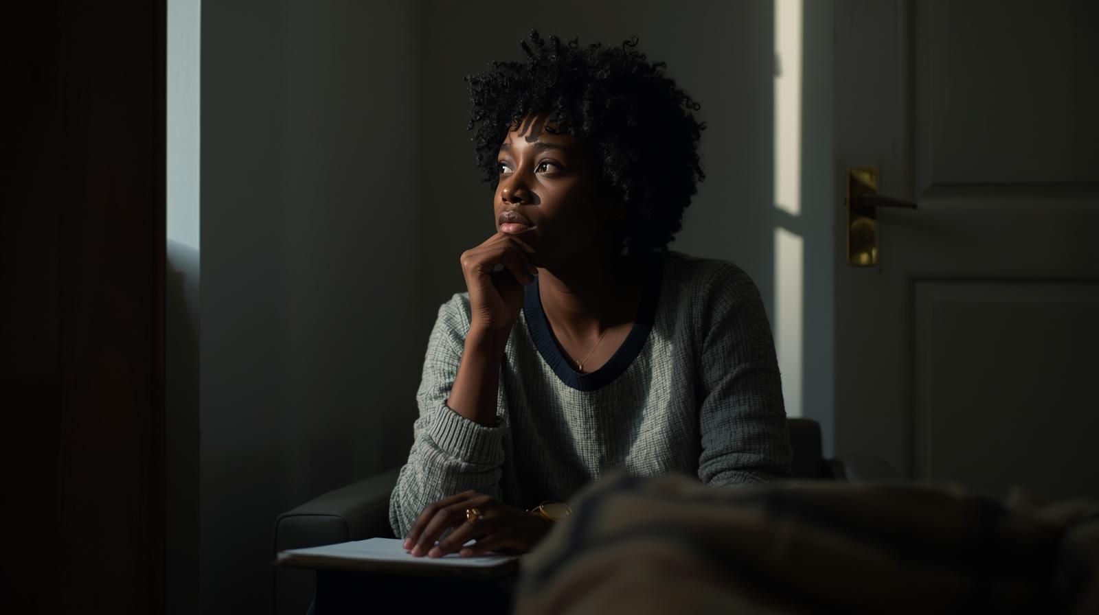 Woman in thought, looking out a window, resting chin on hand. Interior with sunlight.