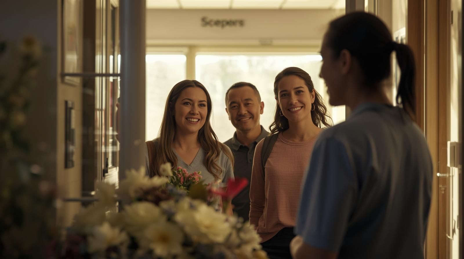 People smiling and greeting a healthcare worker in a hospital hallway, holding a bouquet of flowers.