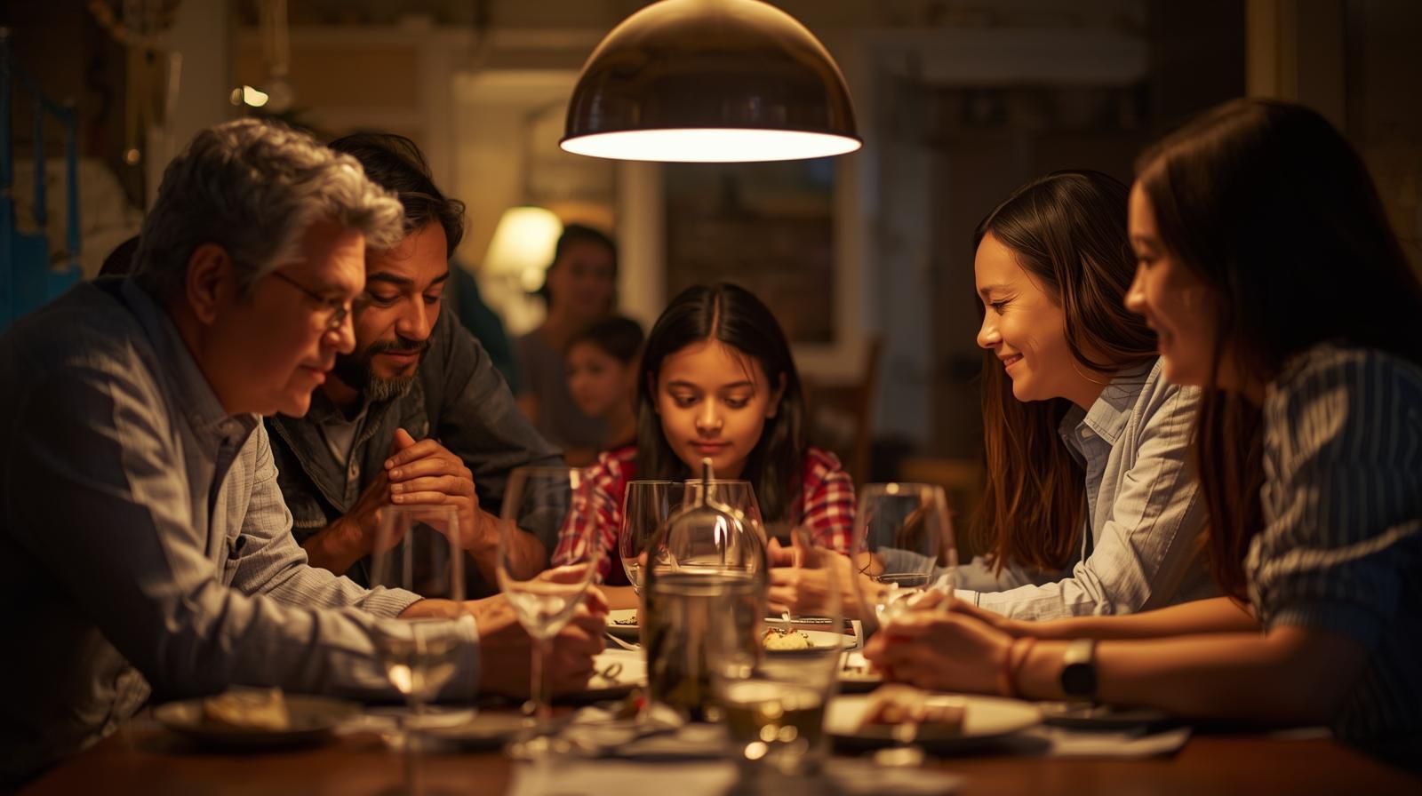 Family praying at a dining table before a meal, hands clasped. Soft lighting, intimate setting.