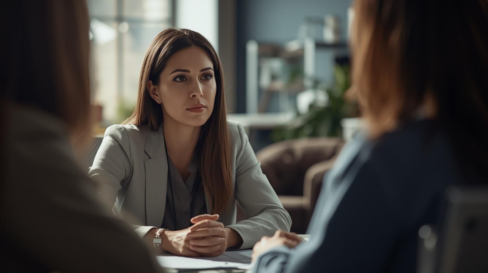 Woman in a blazer sits at a table, speaking to two other people in a professional setting.