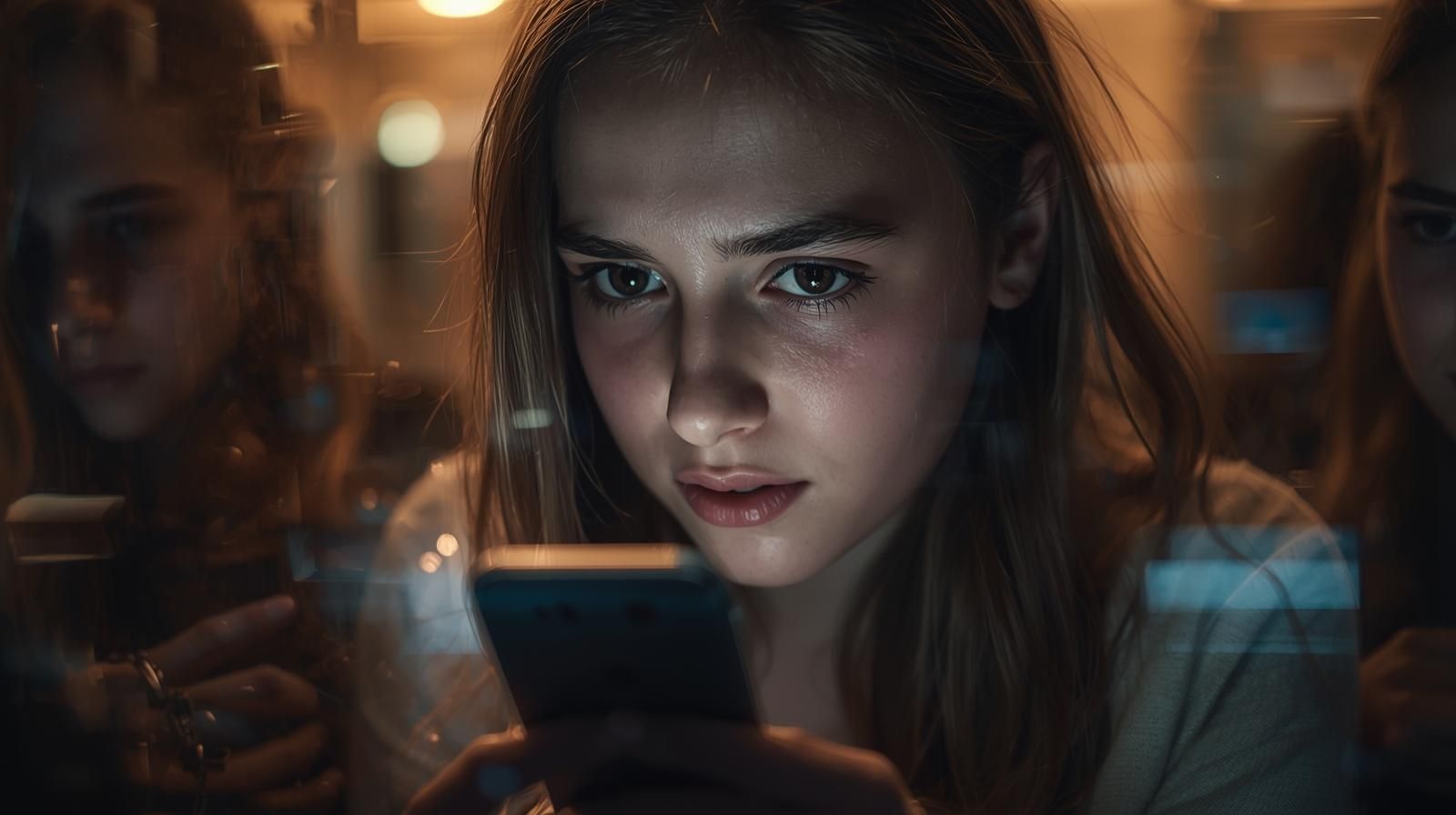 Woman looks at phone, lit by screen, in a dimly lit setting. Other faces are blurred in the background.