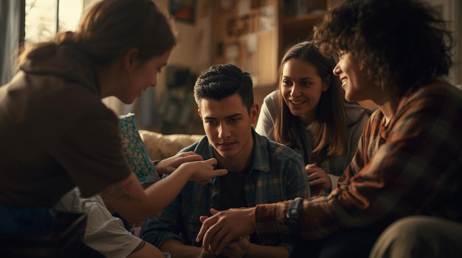 Four young adults huddled together, comforting a friend. Living room setting.