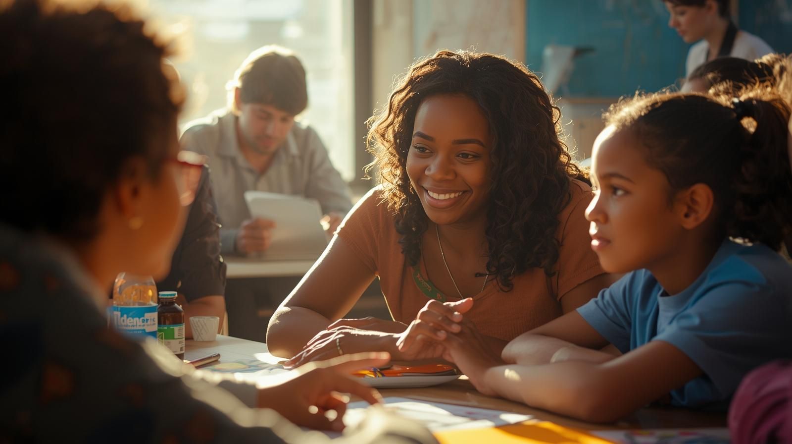 Woman smiling, talking to a girl at a table in a brightly lit room with other people.