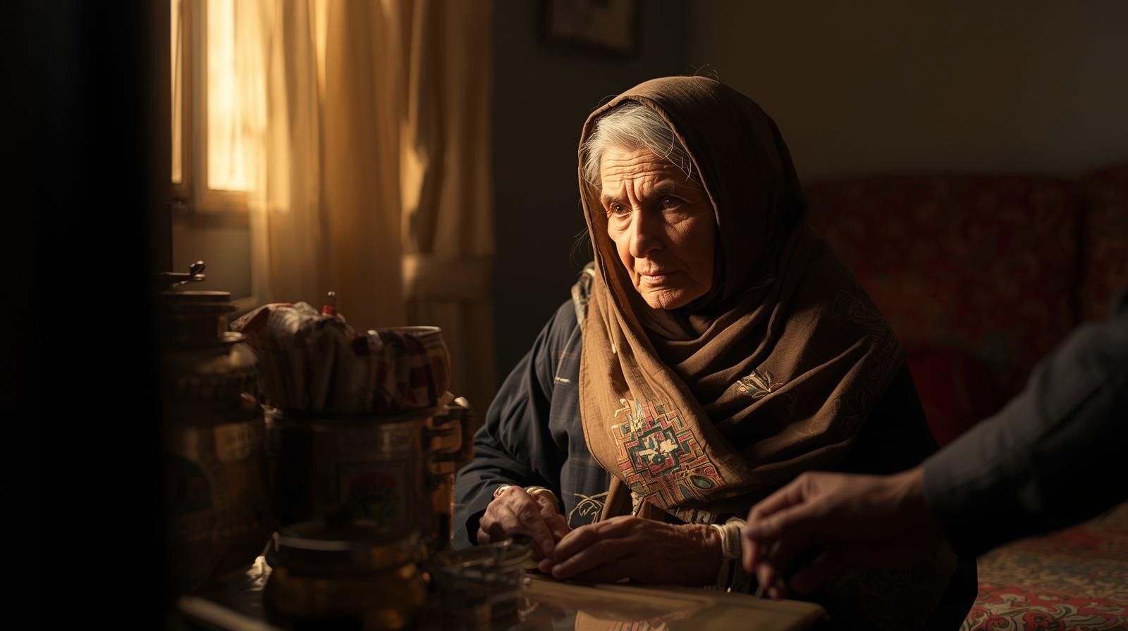 An elderly person in headscarf sits at a table, looking down. A hand reaches toward them.