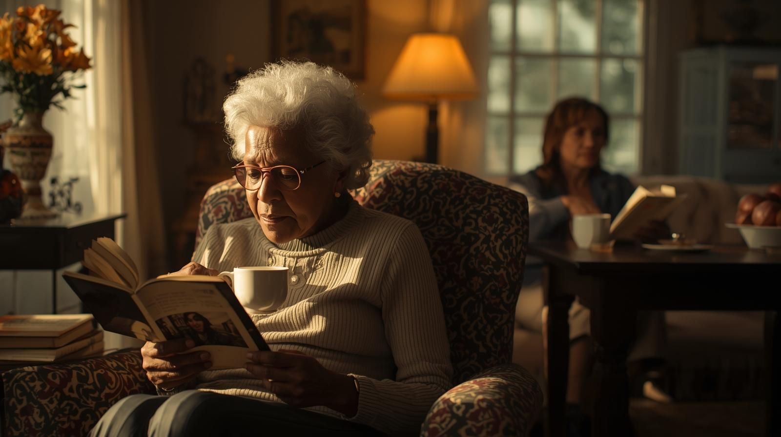 Elderly person reads a book while holding a cup in a warmly lit living room. Another person is in the background.
