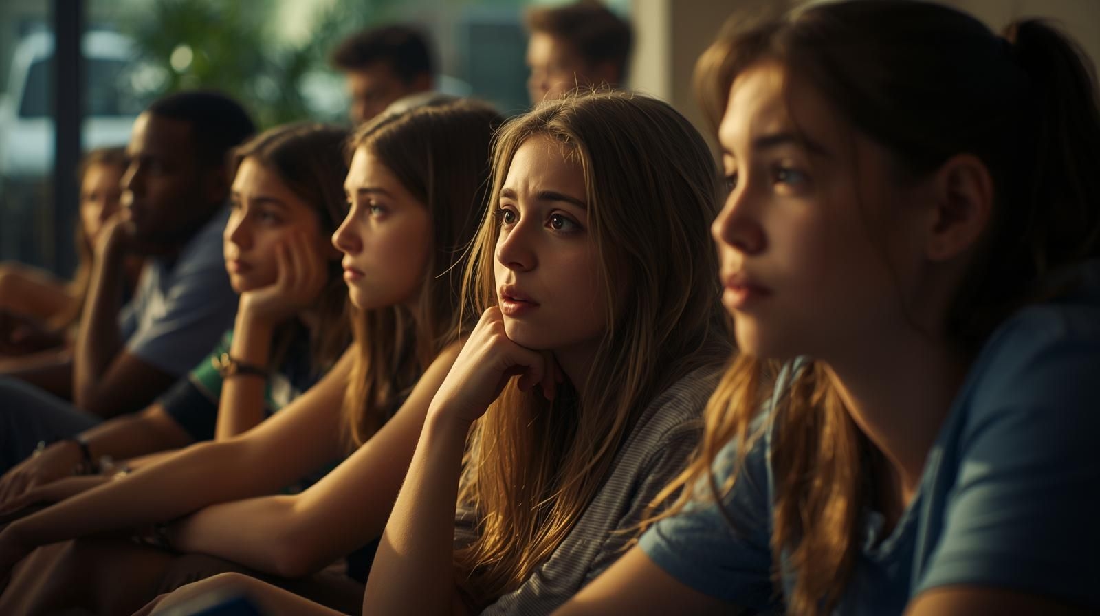Group of people, mostly young, sitting and attentively listening in a brightly lit room.