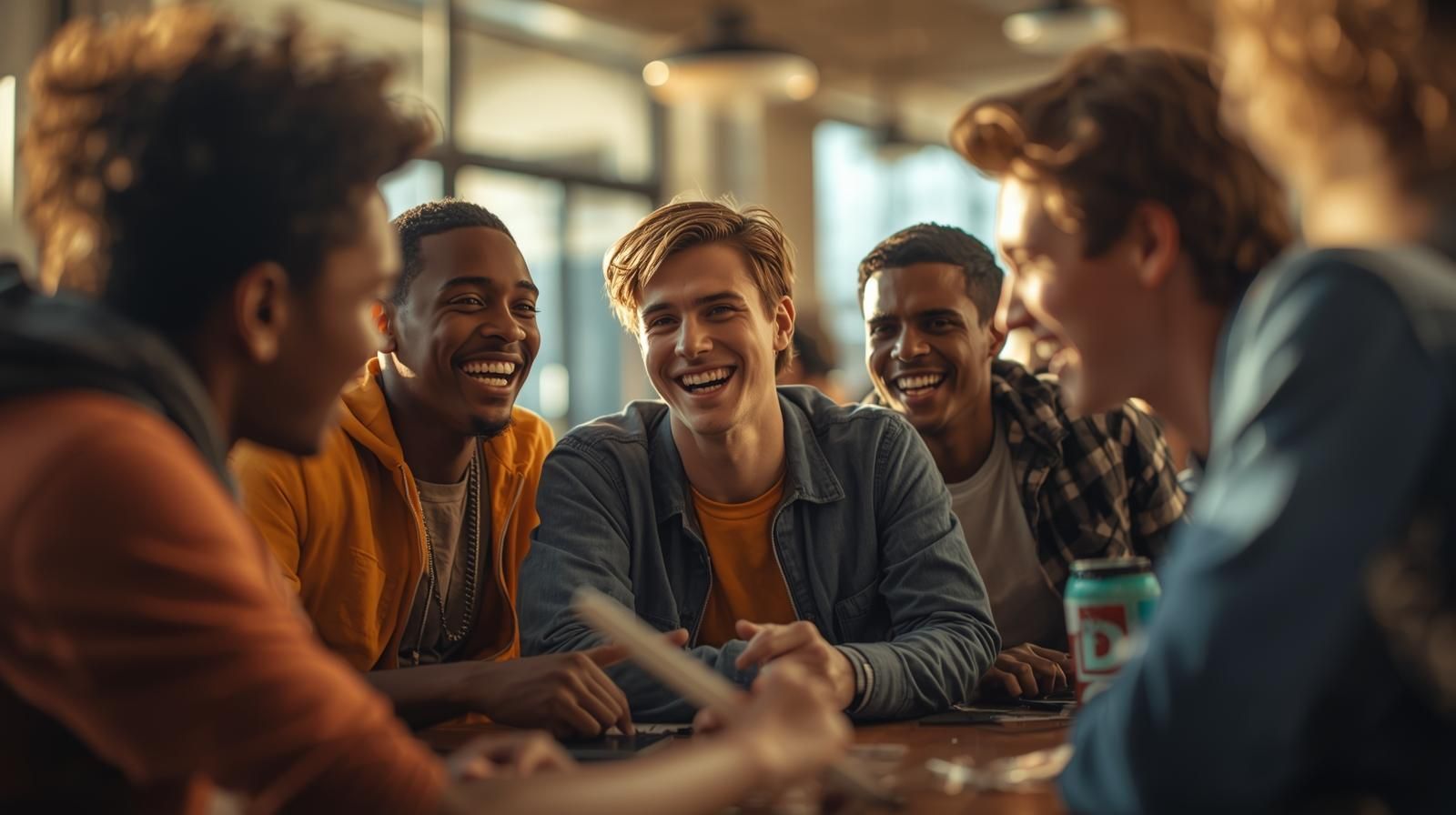 Five young people laughing and talking around a table in a cafe, lit by warm light.