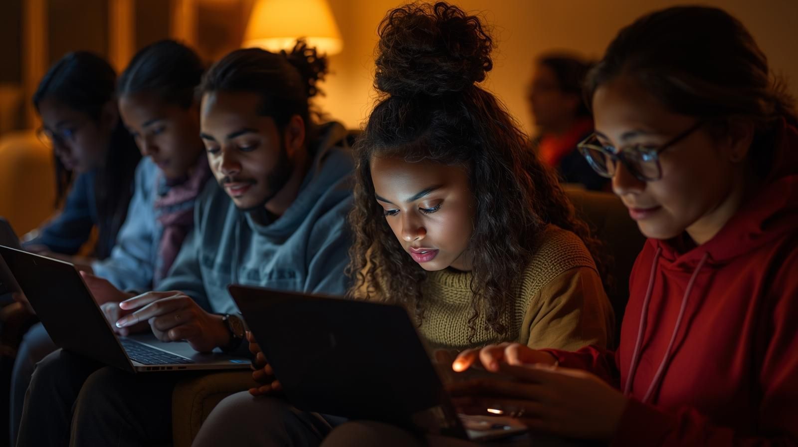 People huddled on a couch, focused on glowing laptop screens in a dim setting.