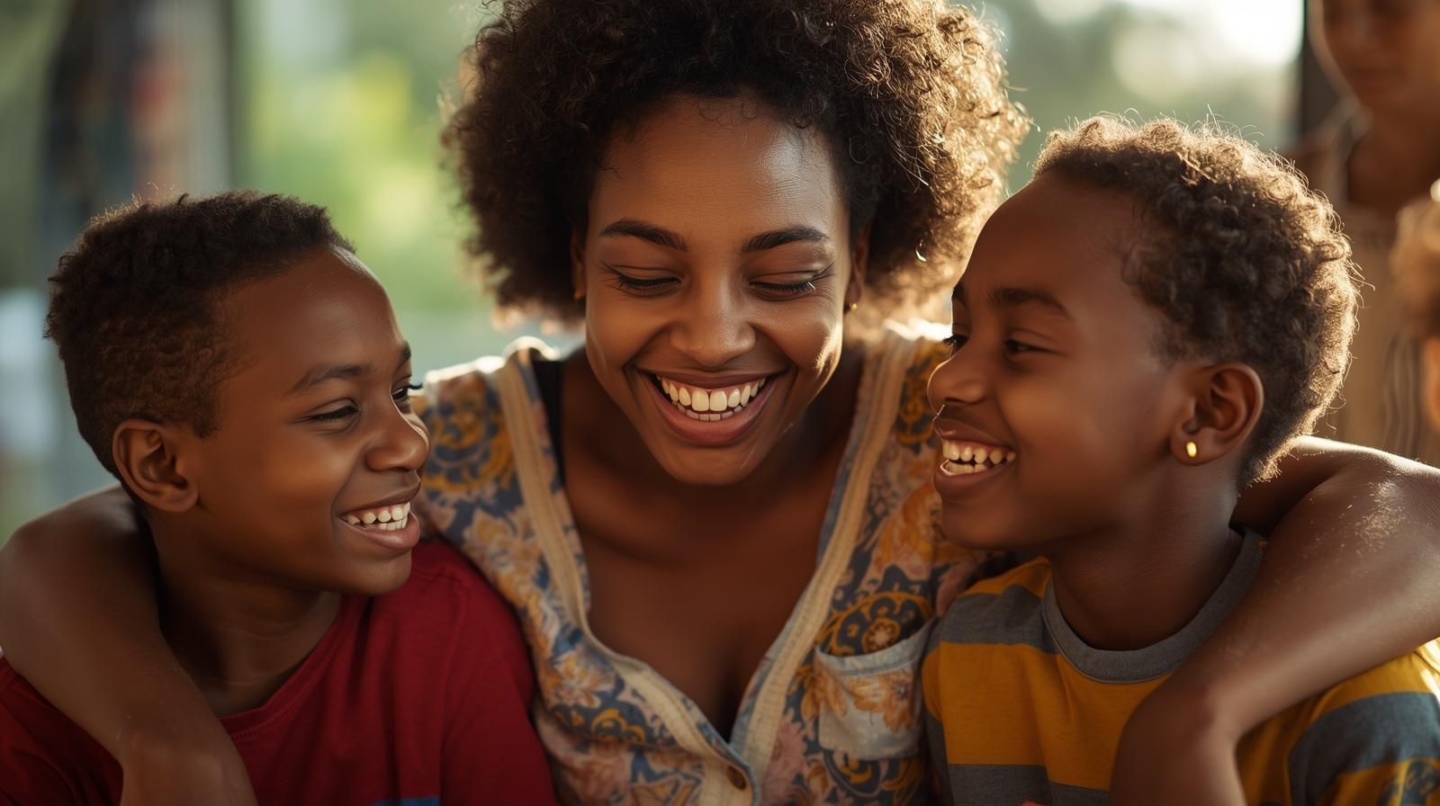 Woman with arms around two boys, smiling outdoors.