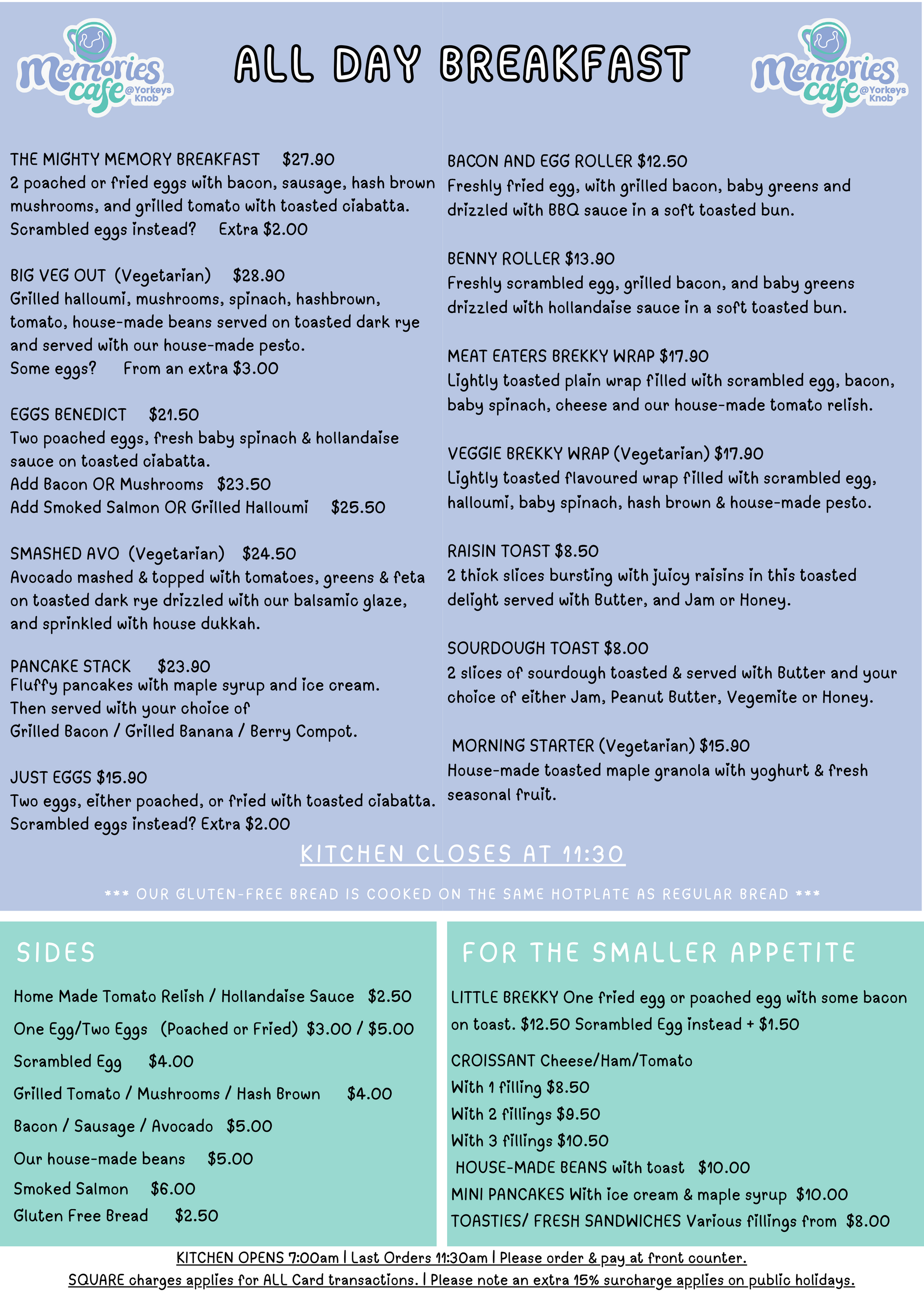 Breakfast Menu With Various Options and Pricing — Memories Cafe @ Yorkeys Knob in Yorkeys Knob, QLD