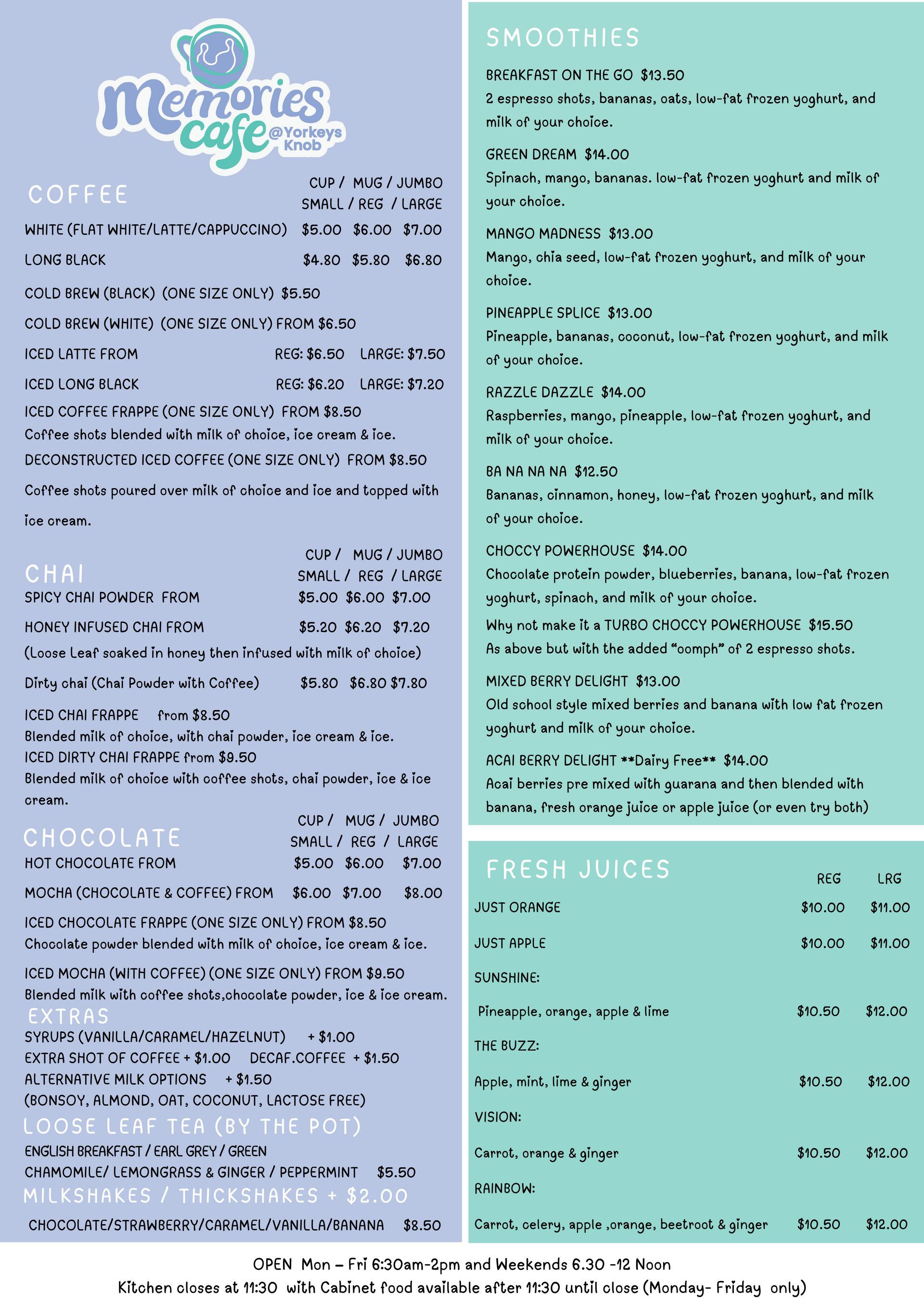 Menu Board — Memories Cafe @ Yorkeys Knob in Yorkeys Knob, QLD