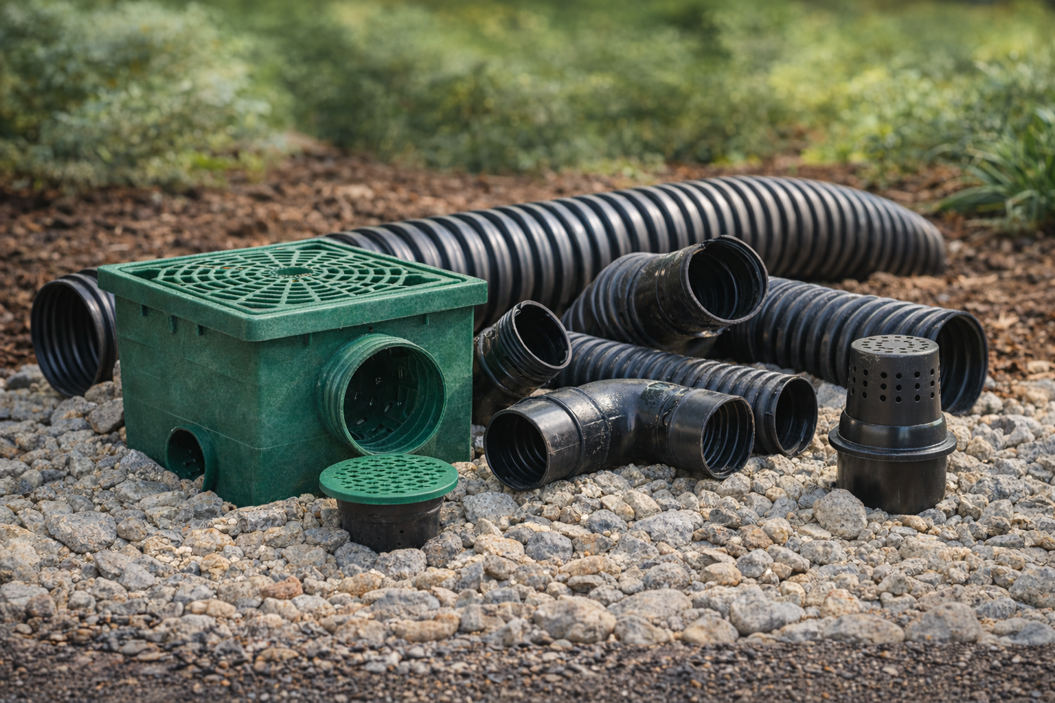 Sprinkler spraying water onto bushes in a garden bed with mulch.