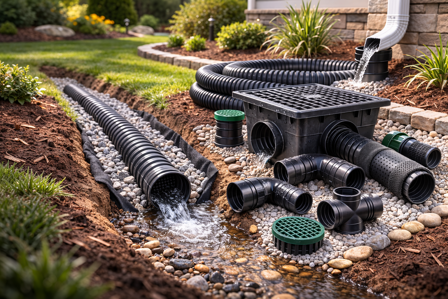 A sprinkler watering green grass in a yard, with a backdrop of trees and a cloudy sky.