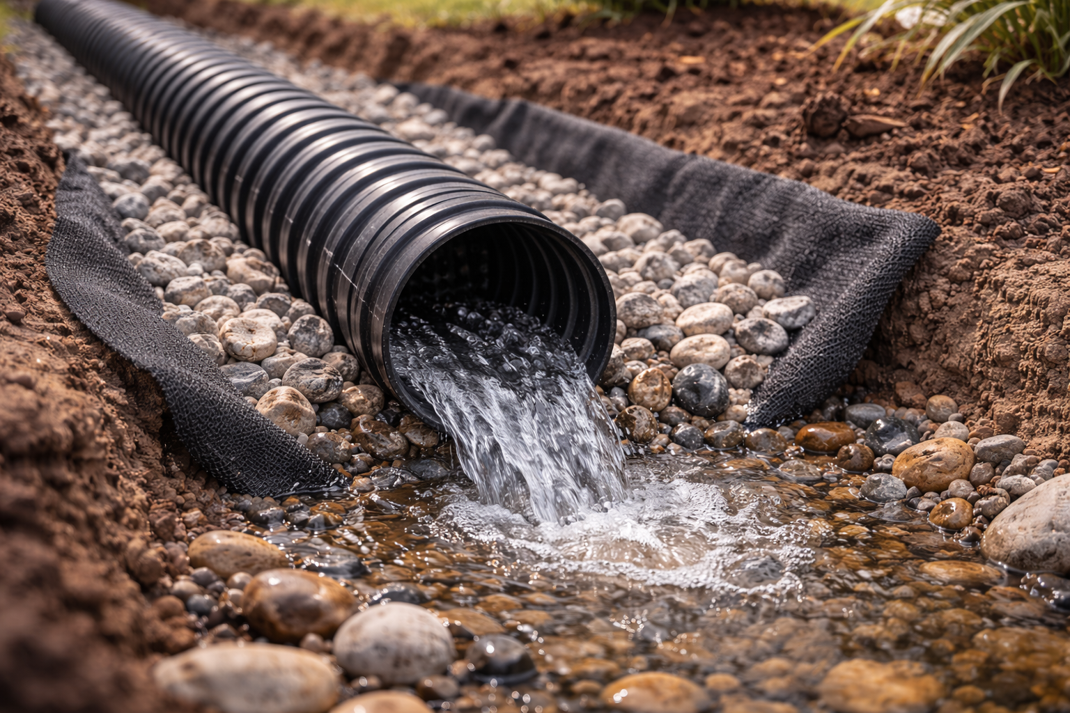 Black corrugated drain pipe emptying water into a gravel-lined channel.