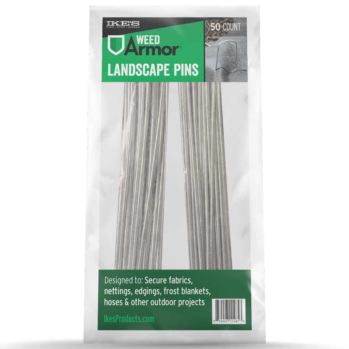 Package of Weed Armor landscape pins, designed for securing fabrics and other outdoor projects.