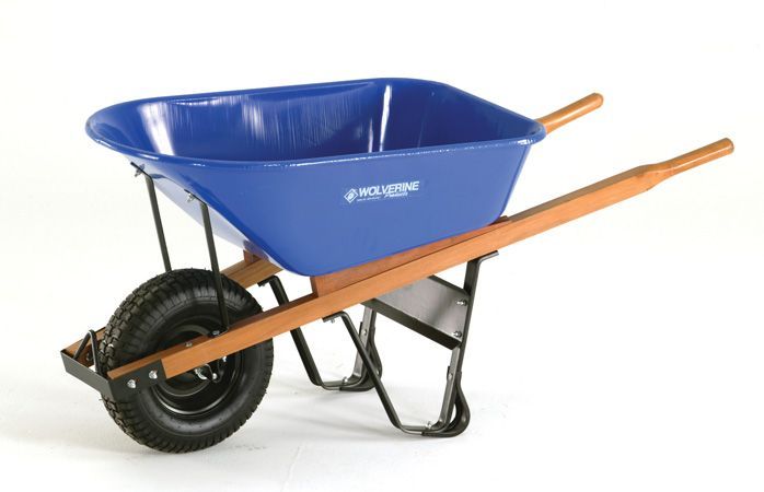 Blue wheelbarrow with a wooden frame and handles. Black tire and metal supports.