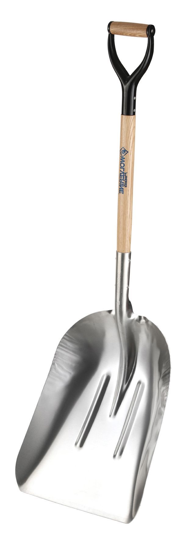 A metal scoop shovel with a wooden handle is shown, likely for scooping grain or snow.