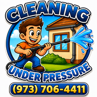 Cartoon cleaning logo with pressure washer, house, and phone number (973) 706-4411