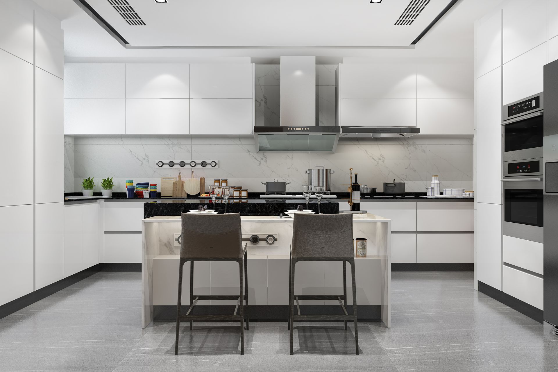 a modern kitchen with white cabinets and stainless steel appliances .