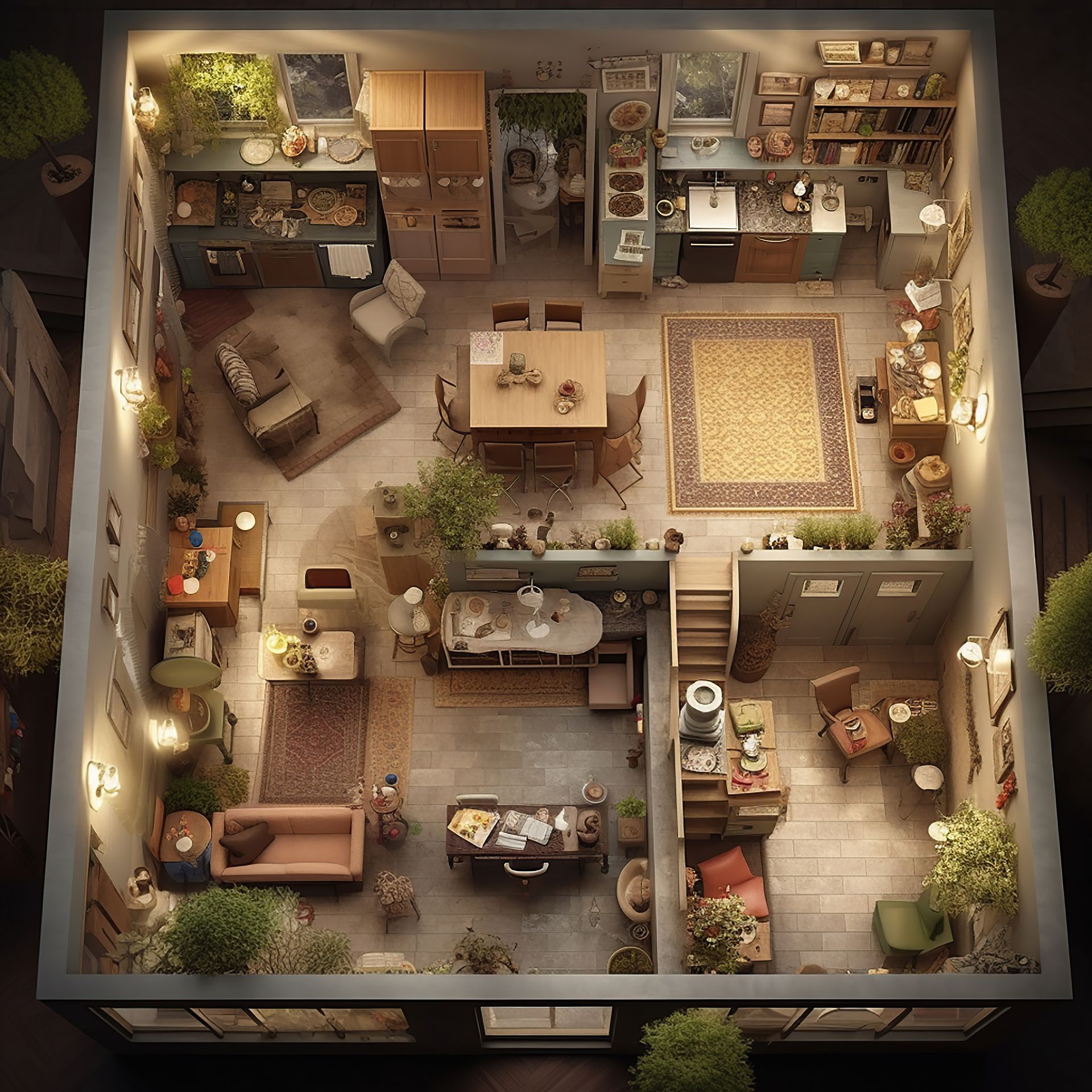 an aerial view of a house with lots of furniture