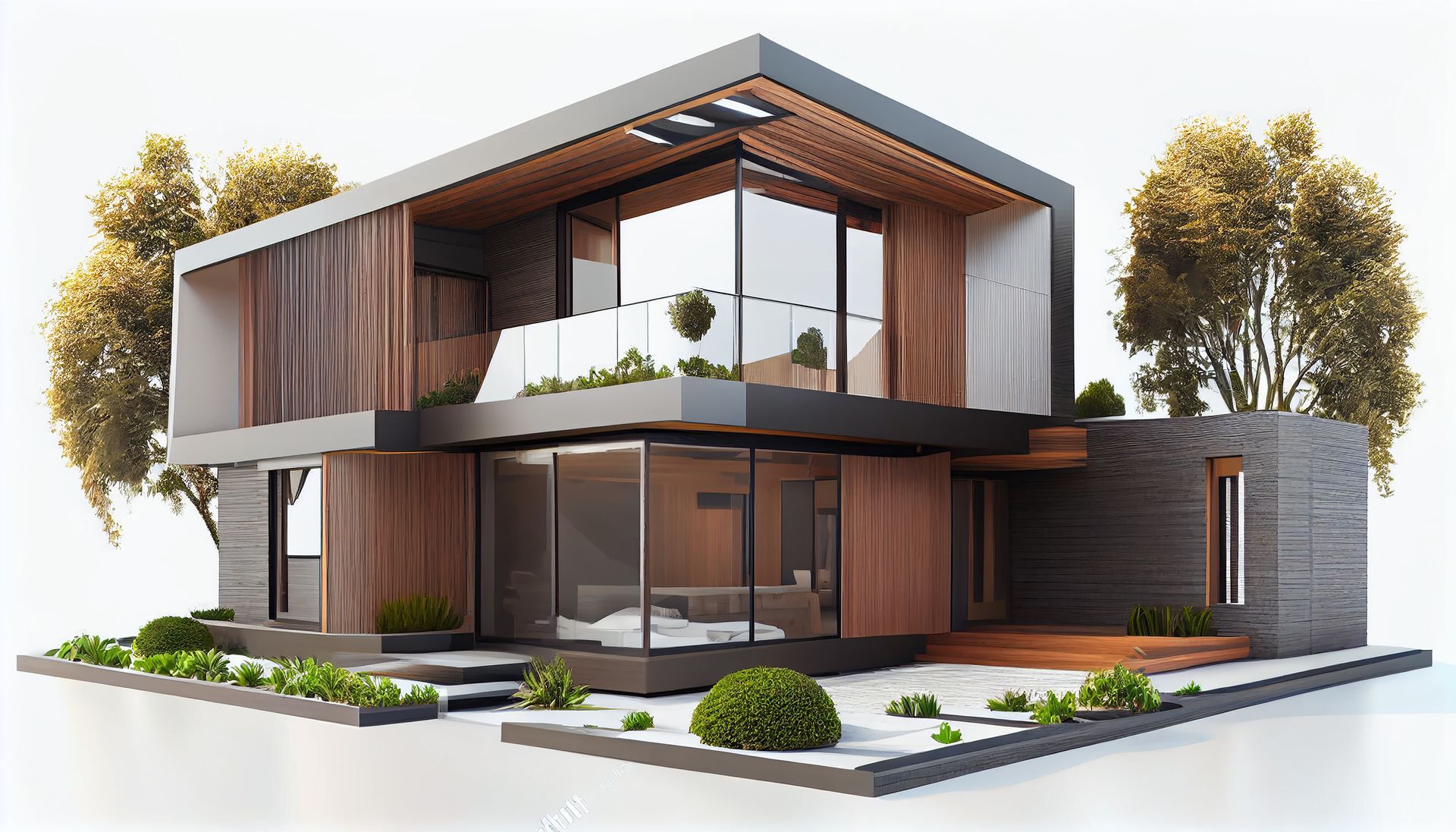 a modern house with a lot of windows and trees in front of it .