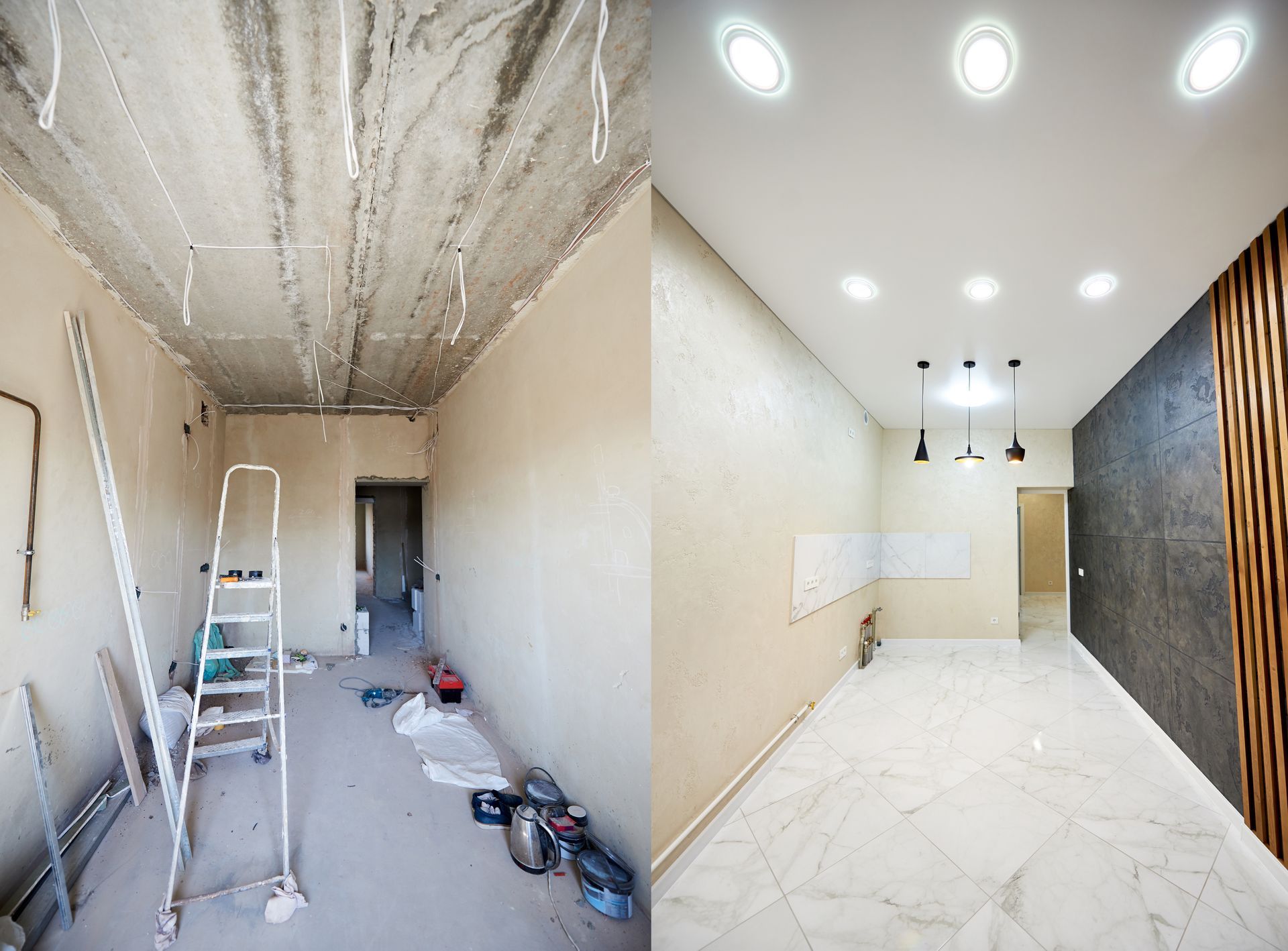 a before and after picture of a room being remodeled .